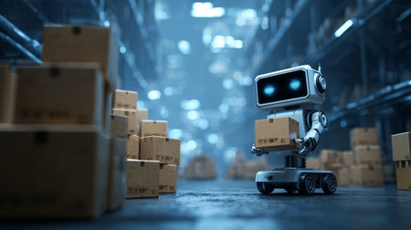 Small warehouse robot carrying cardboard box through aisle with stacked packages and industrial shelving, cool blue lighting and focused expressionの素材