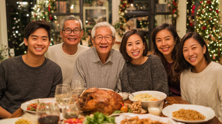 Three generation family gathered for festive holiday dinner smiling around table with roasted turkey and side dishes, warm indoor Christmasの素材
