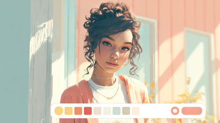 Young woman with curly hair standing in sunlit pastel hallway, soft warm mood and delicate jewelryの素材