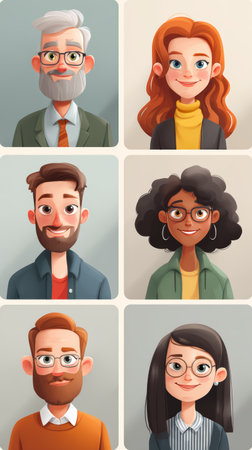 Elderly man with gray beard and glasses, redheaded woman turtleneck, smiling man with beard, woman with curly hair and glasses, redheaded man withの素材