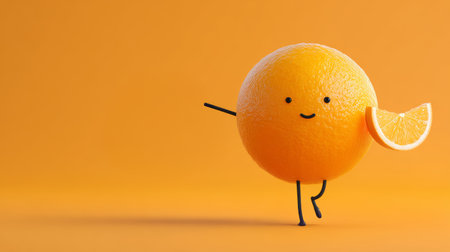 Cute smiling orange character holding citrus wedge dancing on orange background with playful bright moodの素材