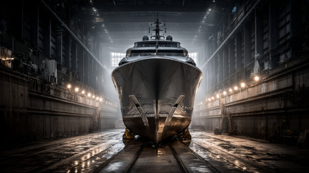 Luxury yacht shipyard drydock sleek metal hull dramatic lighting reflective surfaceの素材