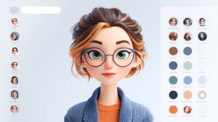 Stylish woman with glasses and short highlighted hair wearing sweater in portrait with user interface and color paletteの素材