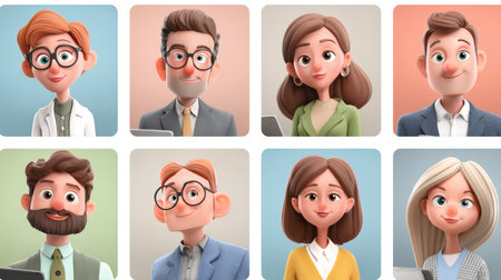 Friendly diverse cartoon business people portrait set with professional clothing and warm expressionsの素材