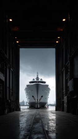 Luxury yacht docked in shipyard hangar framed by industrial doorway under moody sky, dramatic reflective floor and symmetrical compositionの素材
