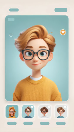Blond young man with glasses smiling in sweater in profile card with avatars and interface elements, friendly expressionの素材