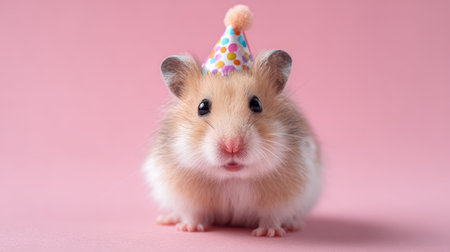Cute hamster with party hat on pink background celebrating birthday and looking at camera with curious expressionの素材