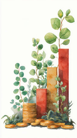 Growing coins plant growth investment growth stacked coin green leaves financial concept sustainable finance increasing bar savings naturalの素材