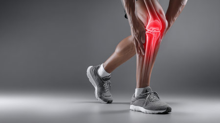 Runner knee pain with highlighted joint inflammation and athletic shoe injury visualization, male leg injury, sports medicine graphicの素材
