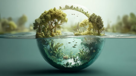 Enclosed miniature forest globe with water surface and underwater ecosystem, serene green landscape and aquatic lifeの素材