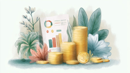 Gold coin stacks with financial chart, plant leaves, growth concept, serene illustration evoking prosperity and balanceの素材
