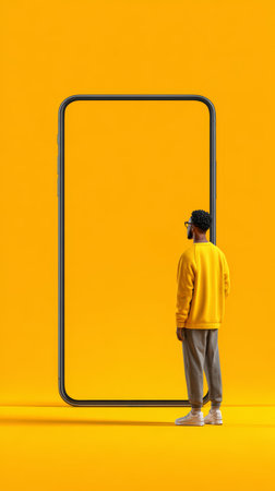 Man in yellow sweater stands before oversized smartphone frame in minimalist yellow studio, contemplative mood and modern tech contrastの素材