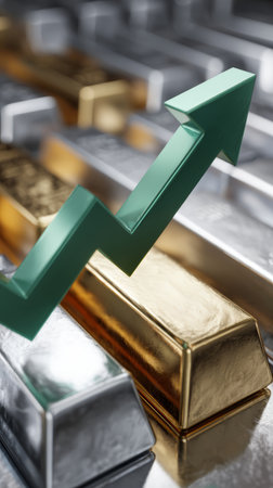 Green upward arrow over gold and silver bars indicating rising precious metal value and investor confidence in market growthの素材