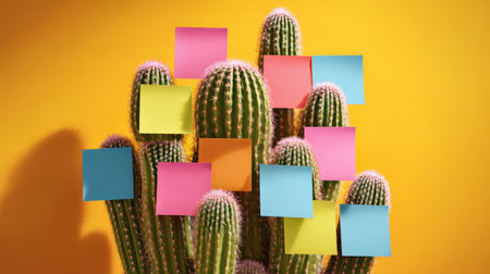 Colorful sticky notes cactus against yellow background creating playful contrast and creative office concept with sharp spines and bright pastelの素材