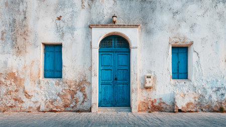 Weathered blue door and shutters on rustic whitewashed wall evoking coastal charm and vintage textureの素材