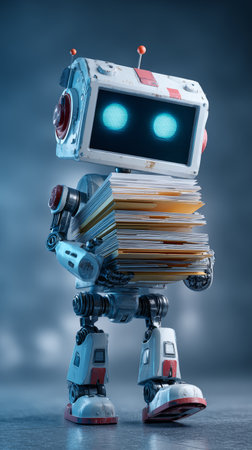 Retro robot holding stack of folders smiling with glowing eyes in office lightの素材