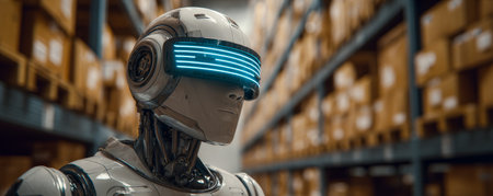 Futuristic robot worker with blue visor in warehouse aisle conveying efficiency and focusの素材