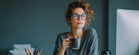 Young woman with eyeglasses holding coffee mug and looking thoughtful at desk with computerの素材