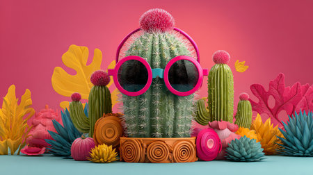 Playful cactus wearing pink sunglasses in colorful desert garden with tropical plants and succulentsの素材