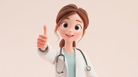 Friendly female doctor giving thumbs up with stethoscope, cheerful medical professional portrait in soft pastel studio lightingの素材