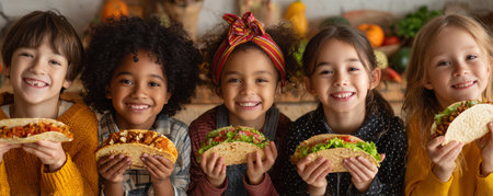 Smiling children holding tacos at festive table with vegetables and warm lighting, multicultural kids enjoying food and celebrationの素材