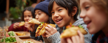 Happy children enjoying tacos at casual outdoor meal, smiling and sharing food with friends in cozy settingの素材