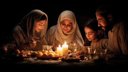 Warm family gathering by candlelight sharing meal, parents and children enjoying peaceful evening togetherの素材