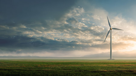 Wind turbine landscape sunrise wind turbine field windmill sky cloud plain horizon sunrise mist mountain grassの素材