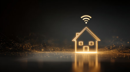 Glowing smart home icon with wifi signal above digital network surface, futuristic connected house concept expressing convenience and connectivityの素材