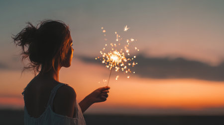 Young woman holding sparkler at sunset, silhouette, warm sky, celebration, peaceful momentの素材