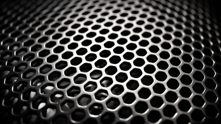 Black metal honeycomb grille close up with shallow depth of field and dramatic lighting creating abstract texture and patternの素材