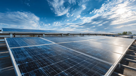 Solar panel array on rooftop under dramatic blue sky with scattered clouds, clean energy scene and bright sunlightの素材