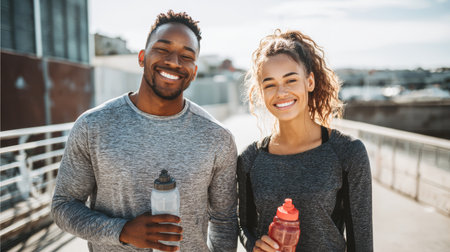 Active smiling man and woman holding water bottle and sports bottle after outdoor workout on urban bridgeの素材