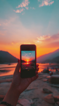 Hand holding smartphone capturing sunset over lake with mountains and colorful skyの素材