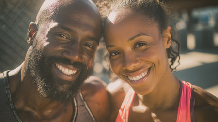 Smiling athletic couple portrait in outdoor sunlight conveying warmth and joyの素材