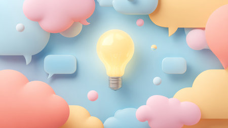 Glow light bulb speech bubble pastel cloud idea concept creativity communication blue background pink cloudの素材