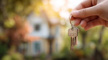 Hand holding house key in front of blurred home exterior at sunset conveying warmth and new beginningの素材