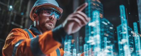 Construction engineer wearing hard hat and safety glasses interacts with holographic city model, planning futuristic skyscraper design withの素材
