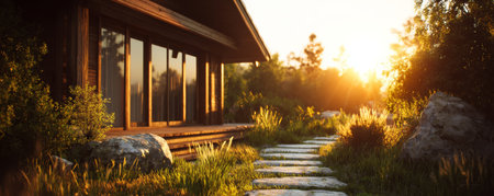 Sunset wooden house garden pathway with stepping stone and warm light creating peaceful outdoor retreatの素材