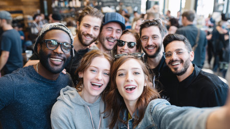 Young woman taking selfie with diverse group of smiling friends at crowded cafe, casual indoor gathering, joyful social momentの素材