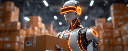 Futuristic robot warehouse worker holding brown cardboard box with glowing orange lights and industrial shelving background, efficient automatedの素材