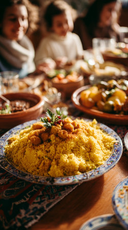 Moroccan couscous with garnish on patterned plate at family table, warm festive meal and cozy gatheringの素材