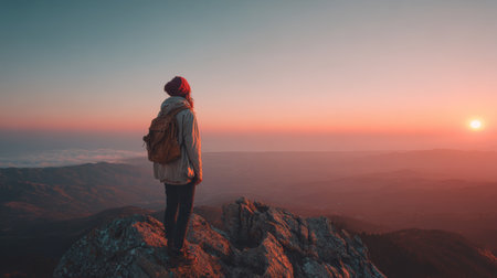 Young hiker backpack jacket standing on mountain peak at sunrise contemplating landscape with warm lightの素材