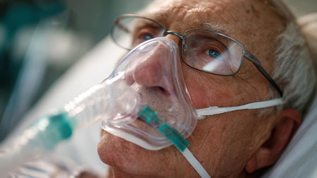 Elderly man with oxygen mask and glasses lying in hospital bed looking hopeful and fragileの素材