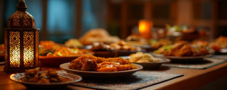 Warm candlelit iftar table with aromatic rice, stewed vegetables, fried croquettes and dates creating cozy festive evening atmosphereの素材