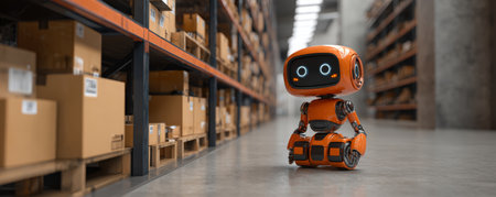 Friendly orange warehouse robot with glowing eyes cheerfully navigating aisle while surrounded by stacked cardboard boxes and shelvingの素材