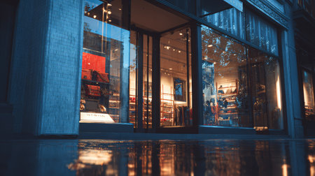 Luxury fashion store window display at dusk with illuminated interior and wet pavement reflectionsの素材