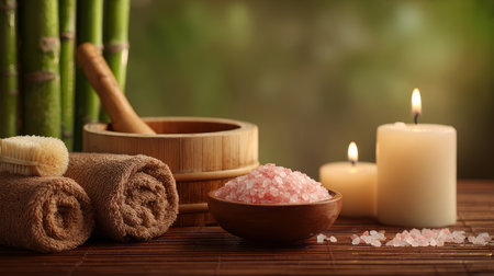 Relaxing spa still life bamboo salt bowl towel candle brush serene wellness atmosphereの素材