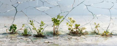 Young plant sprout seedling cracked glass growth resilience nature new life soil green small plantの素材