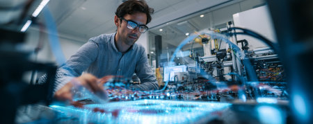 Engineer testing circuit board in laboratory with focused expression and blue lightingの素材